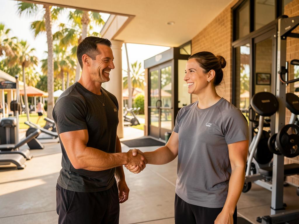 Trainer greeting a new client at the gym