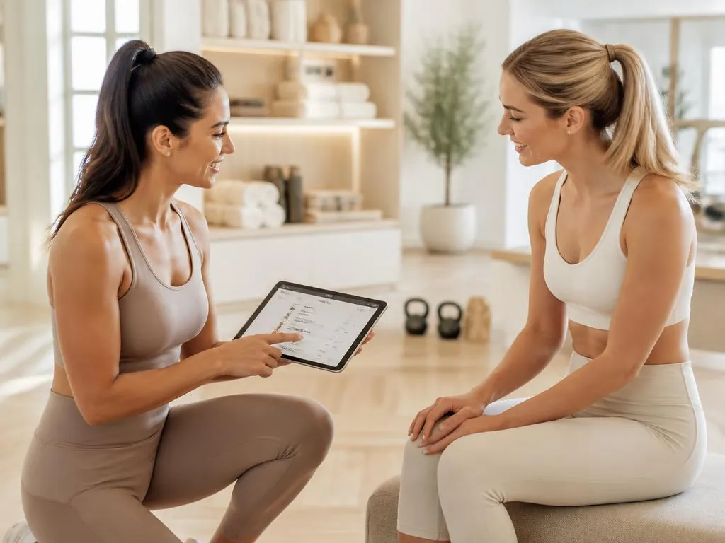 A personal trainer reviewing a fitness assessment on a tablet with a client in a bright studio