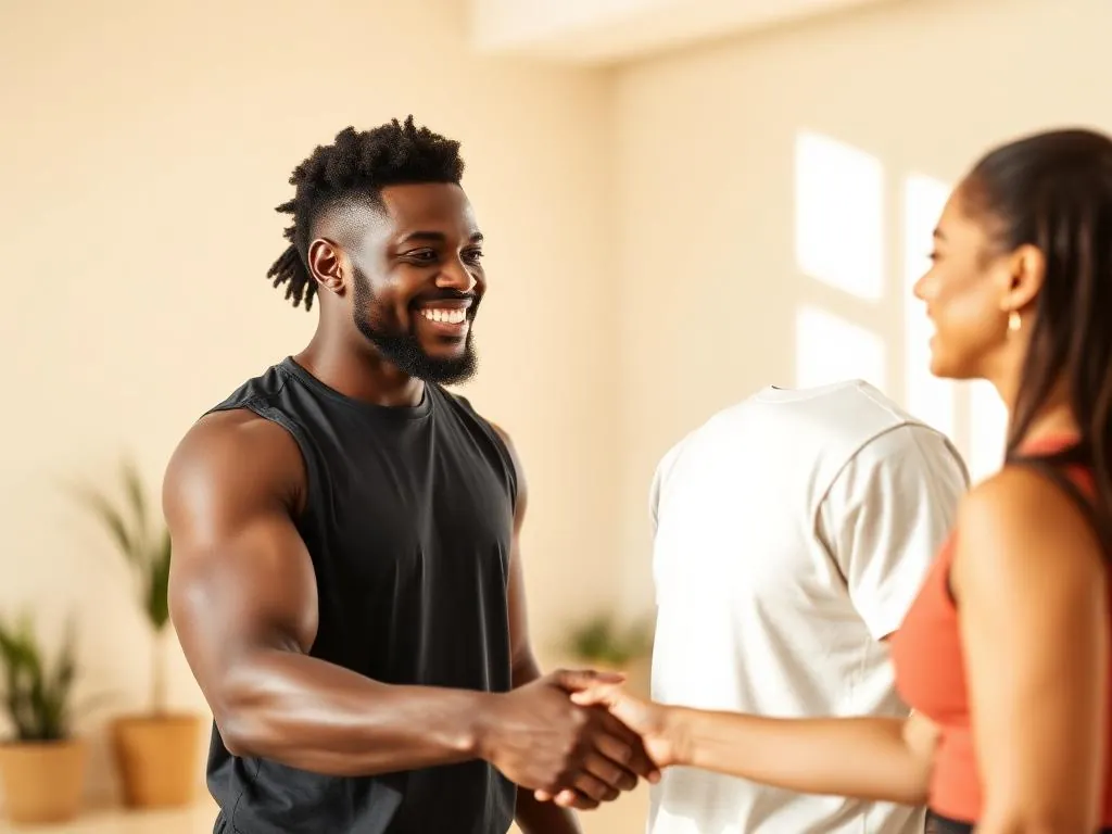A personal trainer shaking hands with a smiling client before their first session