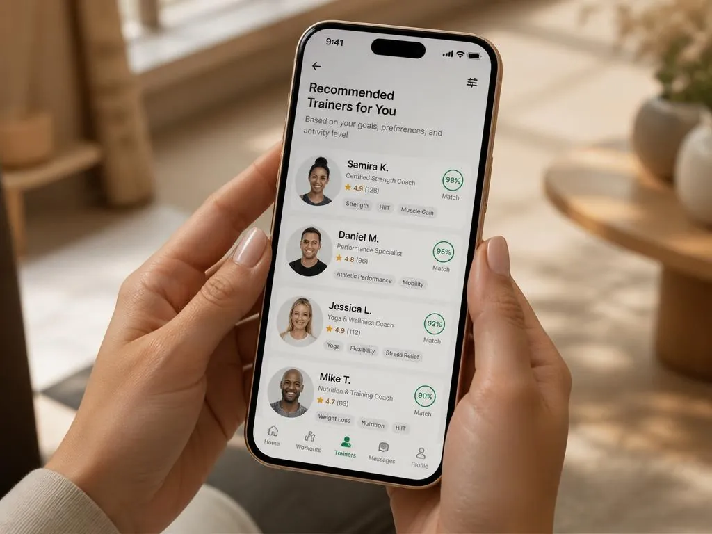A phone showing personalized trainer recommendations with match scores and specialties