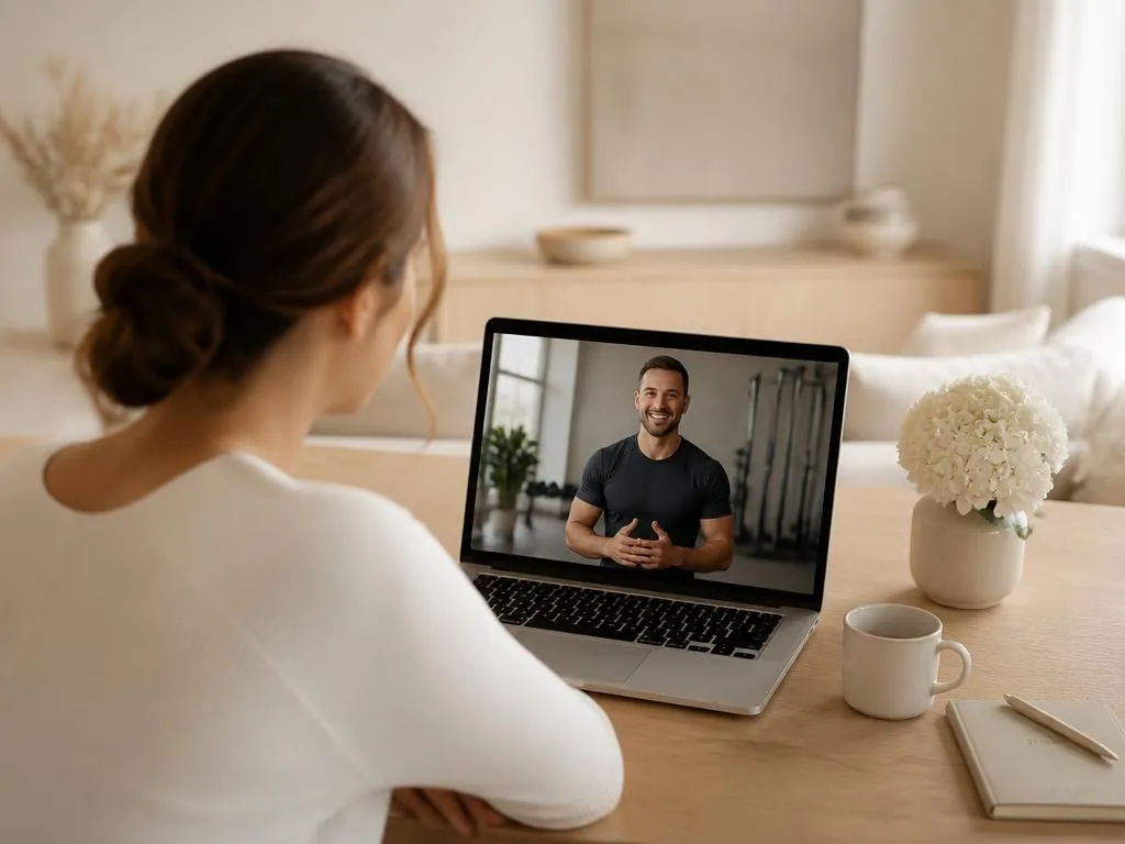 A woman watching a trainer's introduction video on her laptop at a light wood table